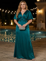 Satin A-Line V Neck Maxi Plus Size Dresses with 3D Flowers