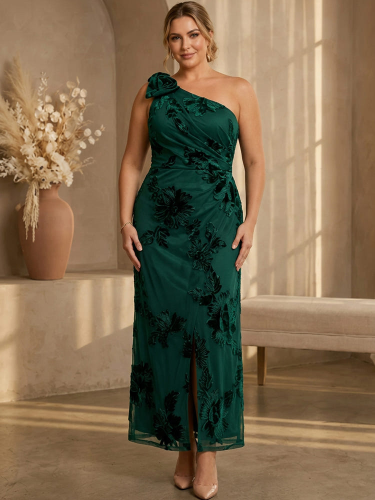 Mesh Mermaid One Shoulder Midi Plus Size Dresses with Floral Embroidery