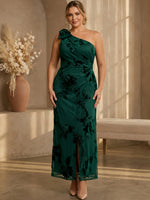 Mesh Mermaid One Shoulder Midi Plus Size Dresses with Floral Embroidery
