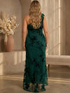 Mesh Mermaid One Shoulder Midi Plus Size Dresses with Floral Embroidery