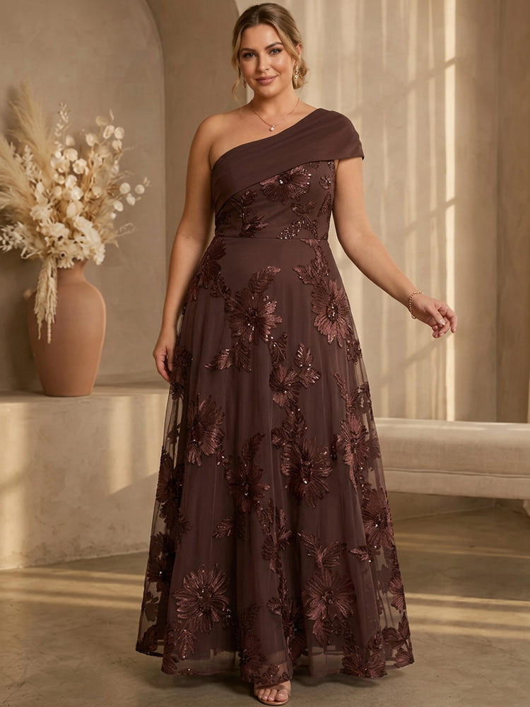 Mesh A-Line One Shoulder Maxi Plus Size Dresses with Floral Embroidery