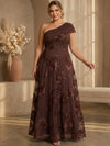 Mesh A-Line One Shoulder Maxi Plus Size Dresses with Floral Embroidery