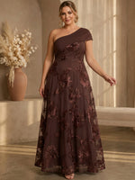 Mesh A-Line One Shoulder Maxi Plus Size Dresses with Floral Embroidery