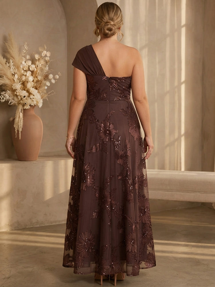 Mesh A-Line One Shoulder Maxi Plus Size Dresses with Floral Embroidery