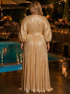 Metallic Foil Chiffon A-Line V Neck Maxi Plus Size Dresses with Delicate Pleated