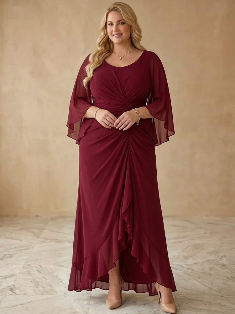 Chiffon A-Line U-Neck Midi Plus Size Dresses with Ruched