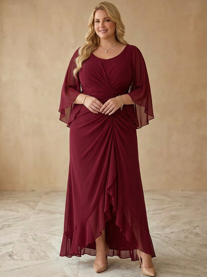 Chiffon A-Line U-Neck Midi Plus Size Dresses with Ruched