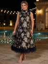 Jacquard A-Line High Neck Midi Plus Size Dresses with Feathers