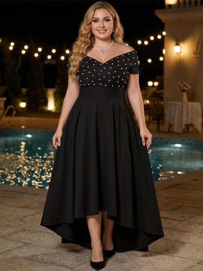 Jersey A-Line Off Shoulder Midi Plus Size Dresses with Beaded