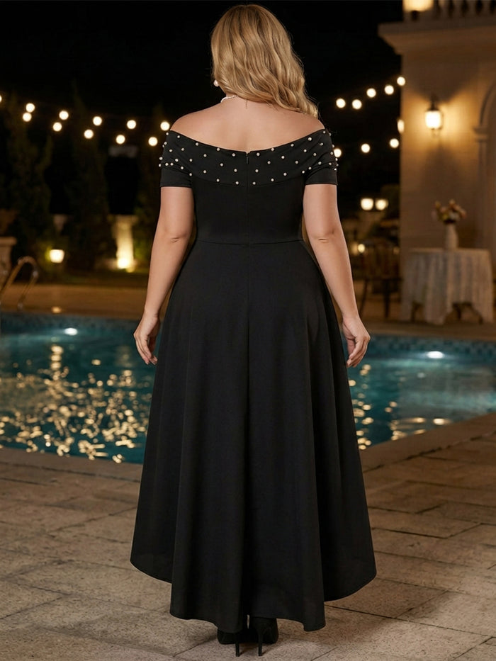 Jersey A-Line Off Shoulder Midi Plus Size Dresses with Beaded