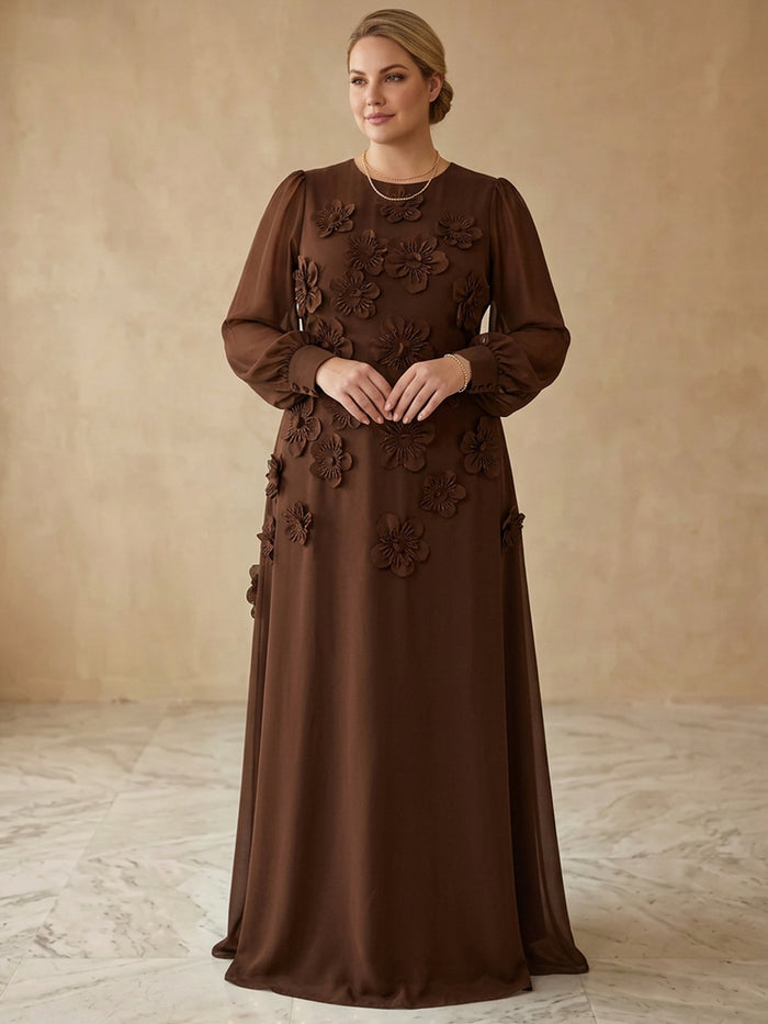 Jersey A-Line Crew Neck Maxi Plus Size Dresses with 3D Flowers