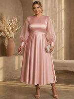 Satin A-Line Crew Neck Midi Plus Size Dresses with Sheer Organza Puff Long Sleeves