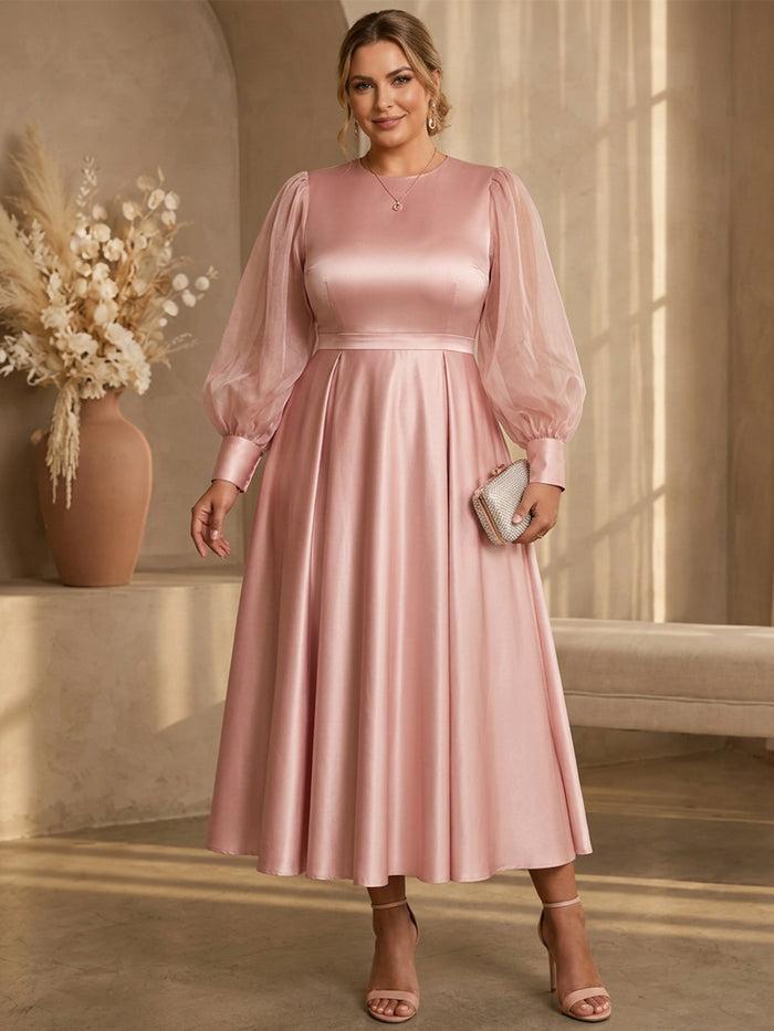 Satin A-Line Crew Neck Midi Plus Size Dresses with Sheer Organza Puff Long Sleeves