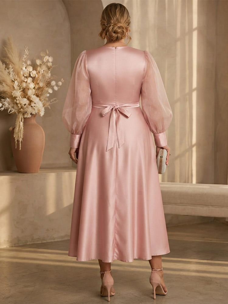 Satin A-Line Crew Neck Midi Plus Size Dresses with Sheer Organza Puff Long Sleeves