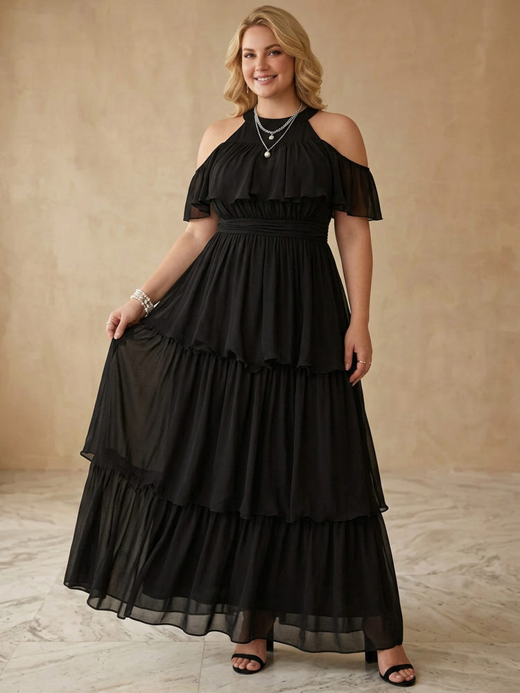 Chiffon A-Line Crew Neck Maxi Plus Size Dresses with Tiered