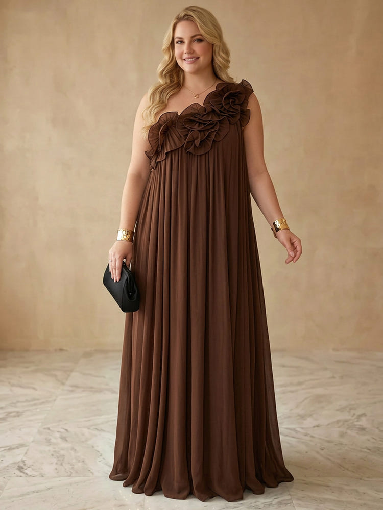 Chiffon A-Line One Shoulder Maxi Plus Size Dresses with Ruffles