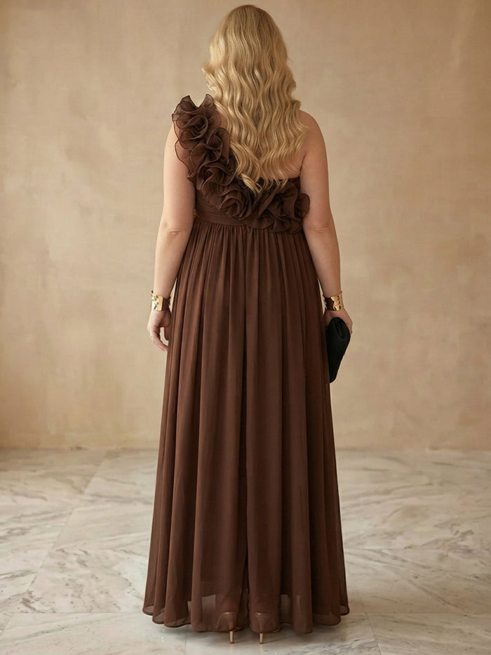 Chiffon A-Line One Shoulder Maxi Plus Size Dresses with Ruffles