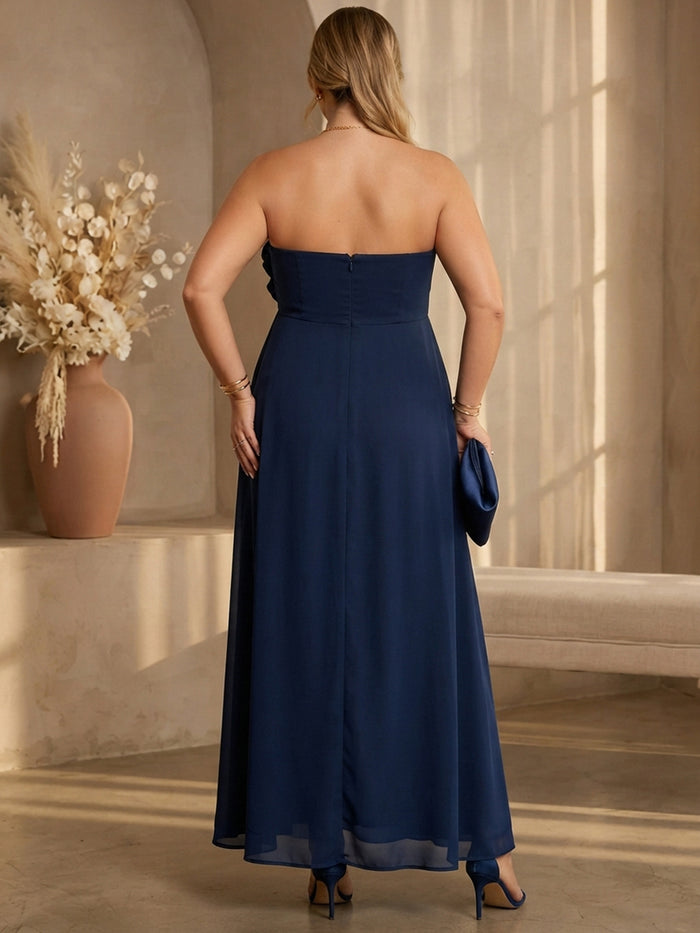 Chiffon A-Line Strapless Midi Plus Size Dresses with Ruffles