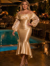Satin Bodycon Off Shoulder Midi Plus Size Dresses with Sheer Organza Puff Long Sleeves