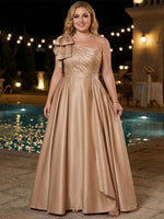 Satin A-Line One Shoulder Maxi Plus Size Dresses with Oversized Bow
