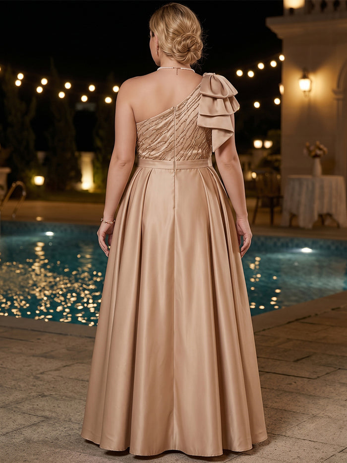 Satin A-Line One Shoulder Maxi Plus Size Dresses with Oversized Bow