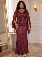 Mesh Mermaid V Neck Maxi Plus Size Dresses Sequin Embroidery