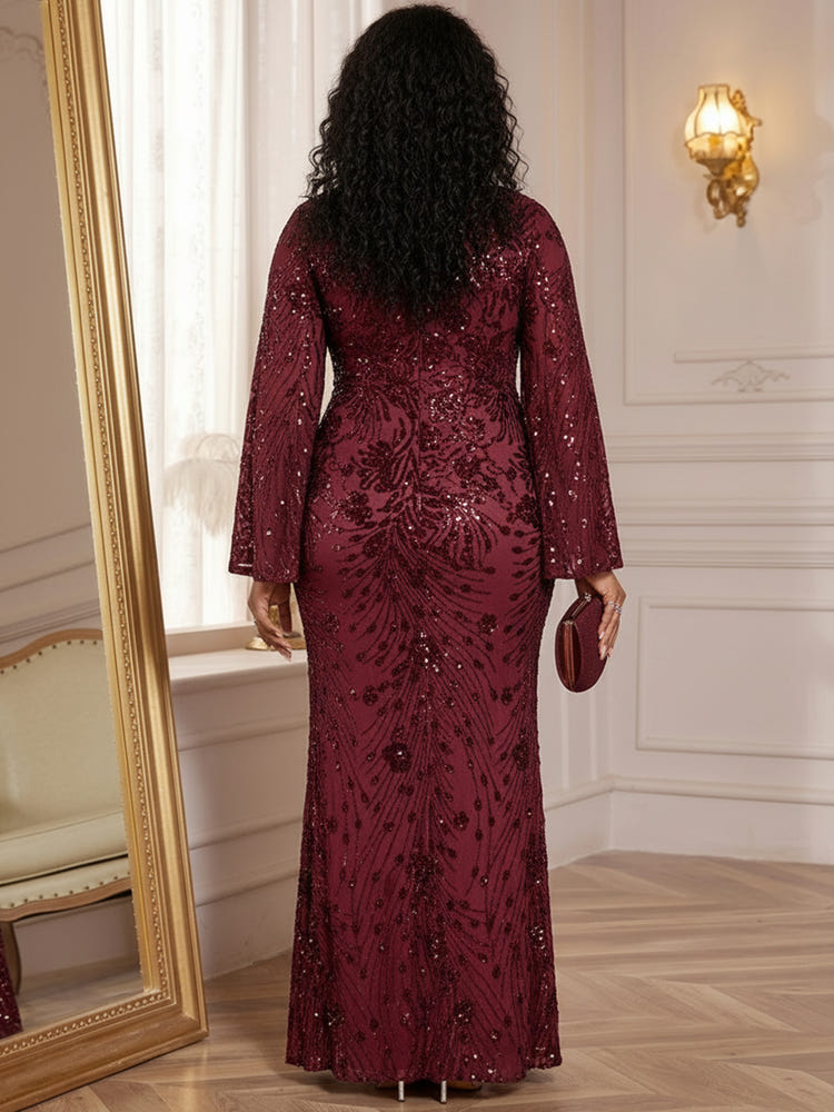 Mesh Mermaid V Neck Maxi Plus Size Dresses Sequin Embroidery