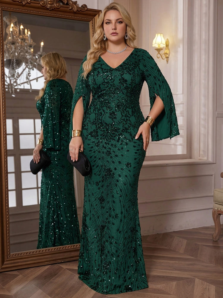 Mesh Mermaid V Neck Maxi Plus Size Dresses Sequin Embroidery