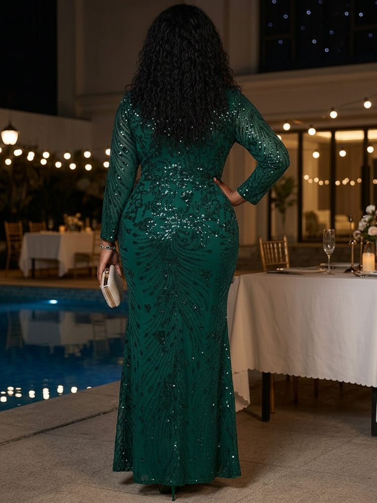 Mesh Mermaid Square Neck Maxi Plus Size Dresses Sequin Embroidery