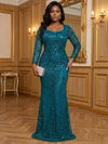 Mesh Mermaid Square Neck Maxi Plus Size Dresses Sequin Embroidery