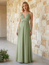 Spaghetti Straps Chiffon V Neck Formal Dresses with Pleats