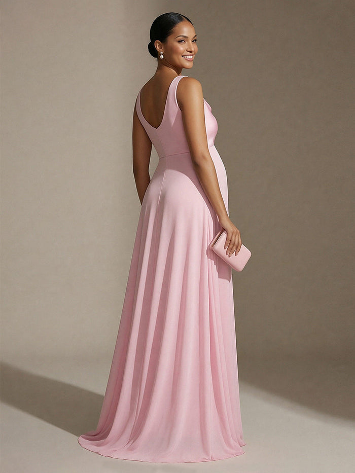 A Line Long Cowl Neck Satin Sleeveless Formal Dresses