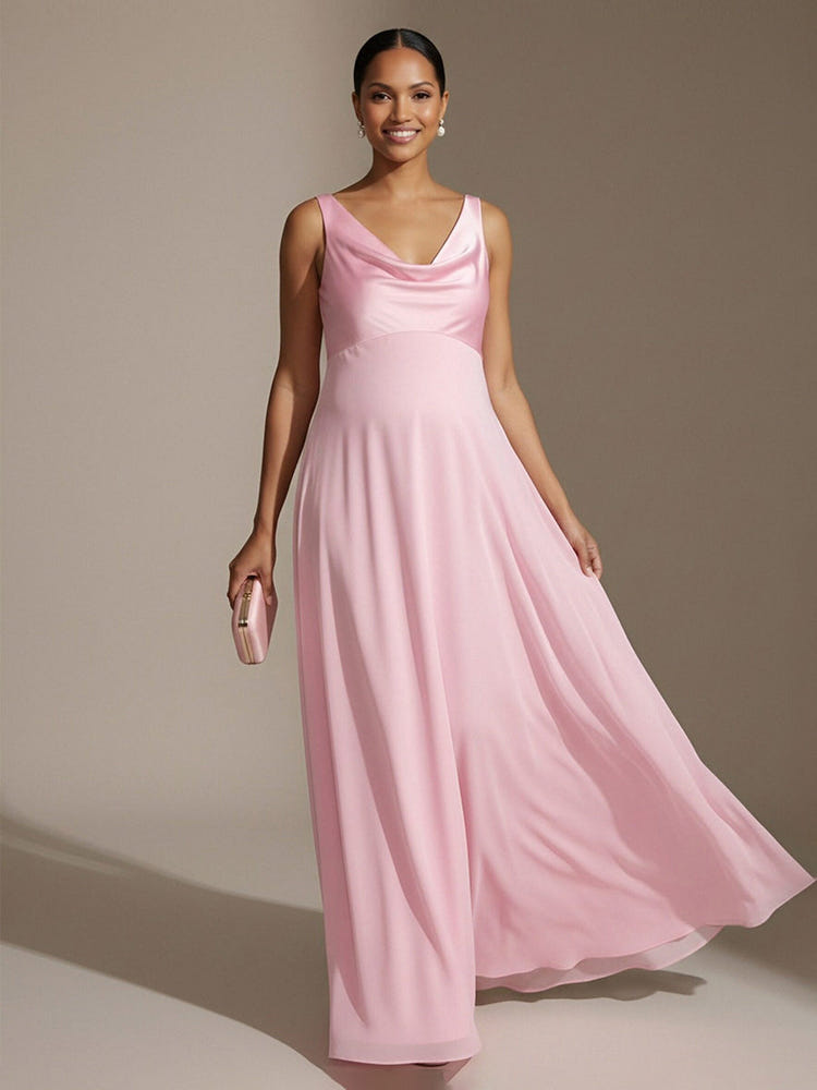 A Line Long Cowl Neck Satin Sleeveless Formal Dresses