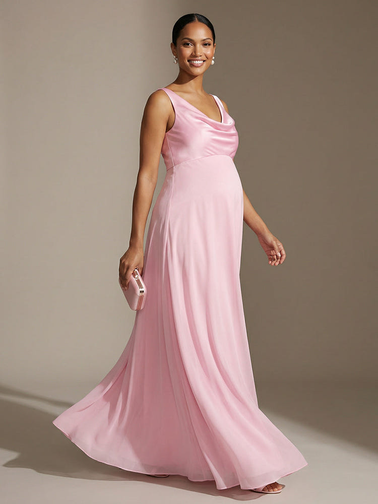 A Line Long Cowl Neck Satin Sleeveless Formal Dresses