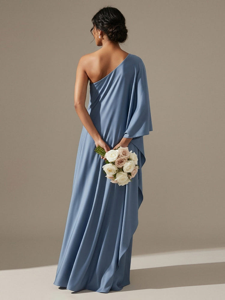 A Line Satin One Shoulder Formal Dresses with Slit