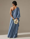A Line Satin One Shoulder Formal Dresses with Slit
