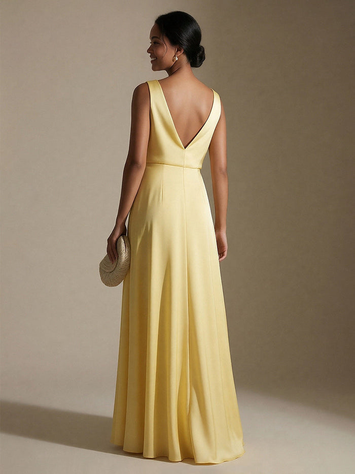 V Neck Corset A Line Satin Sleeveless Formal Dresses