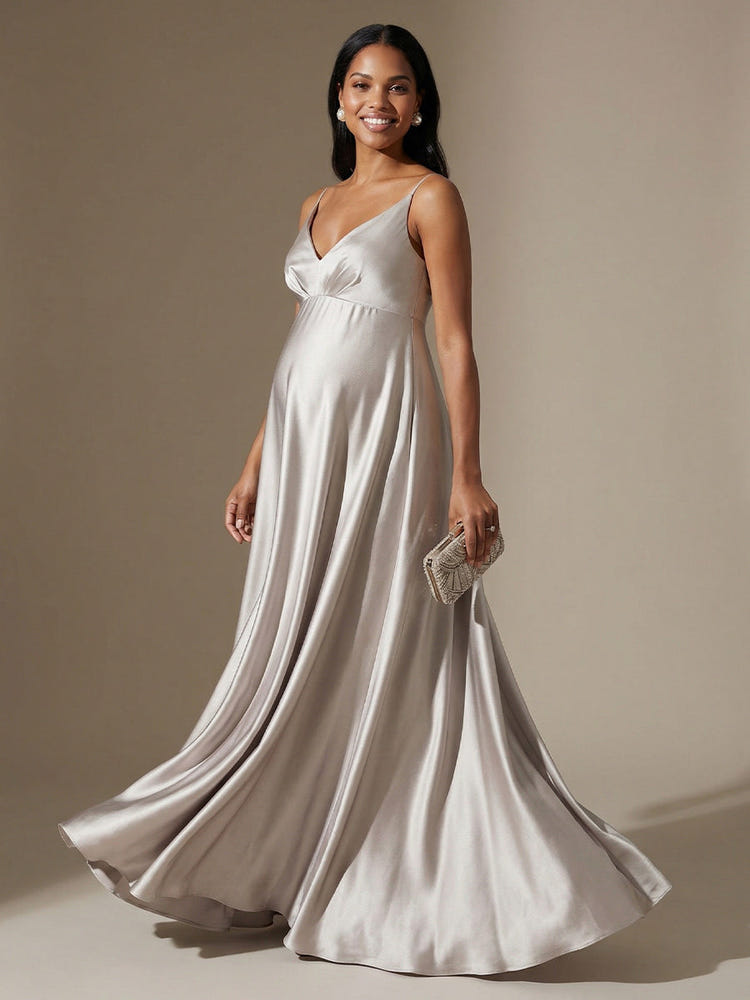 Spaghetti Straps V Neck A Line Satin Formal Dresses
