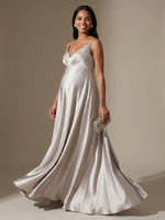 Spaghetti Straps V Neck A Line Satin Formal Dresses
