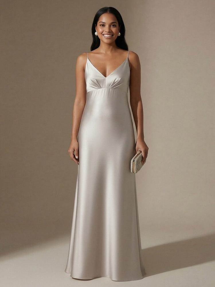 Spaghetti Straps V Neck A Line Satin Formal Dresses