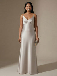 Spaghetti Straps V Neck A Line Satin Formal Dresses