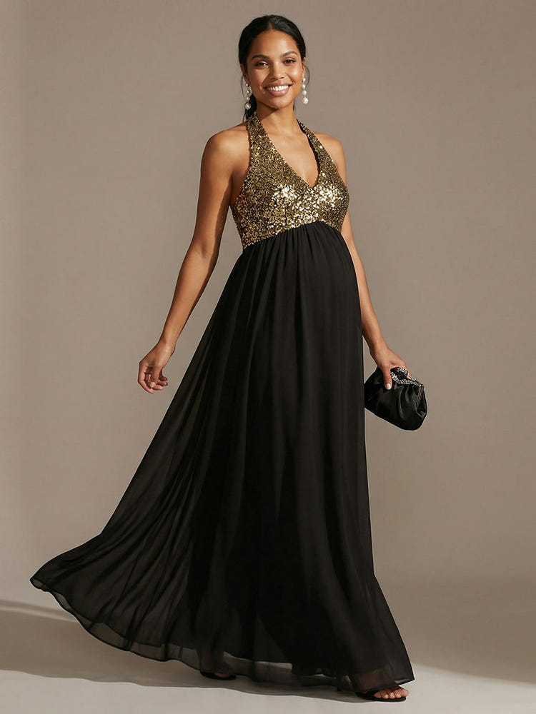 Long Halter Chiffon A Line Sequin Formal Dresses