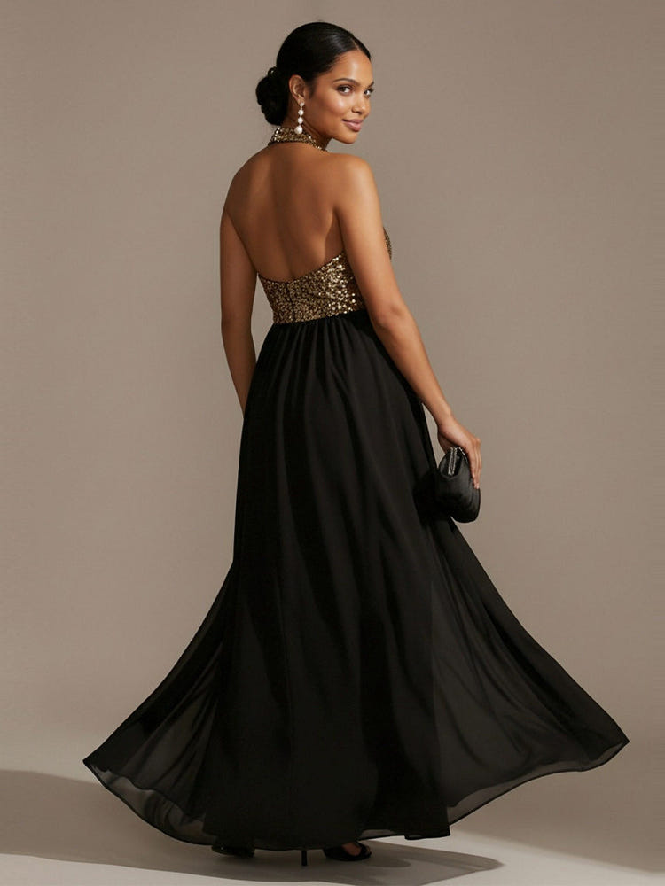 Long Halter Chiffon A Line Sequin Formal Dresses