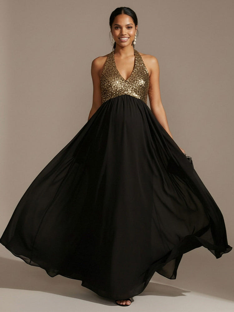 Long Halter Chiffon A Line Sequin Formal Dresses