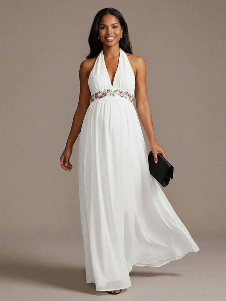 Halter Chiffon A Line Sequin Formal Dresses with Floral