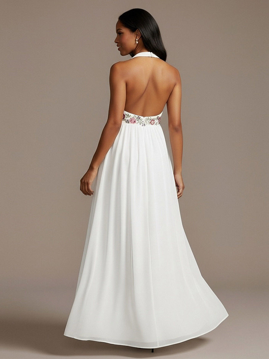 Halter Chiffon A Line Sequin Formal Dresses with Floral