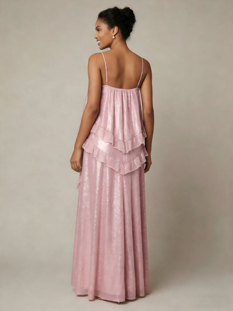 Sequin Spaghetti Straps A Line V Neck Formal Dresses with Ruffles