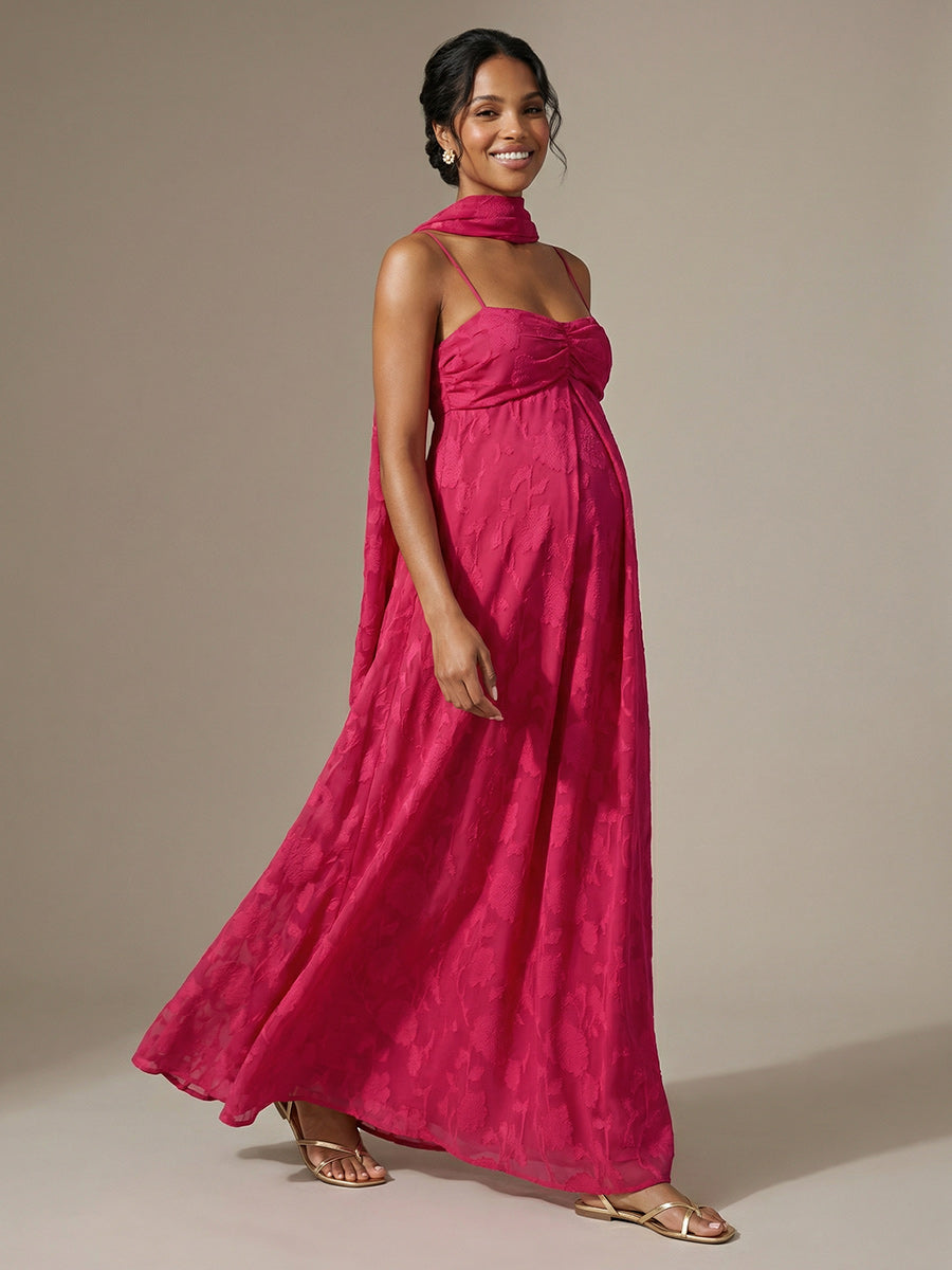 Jacquard A Line Spaghetti Straps Square Neck Formal Dresses with Scarf