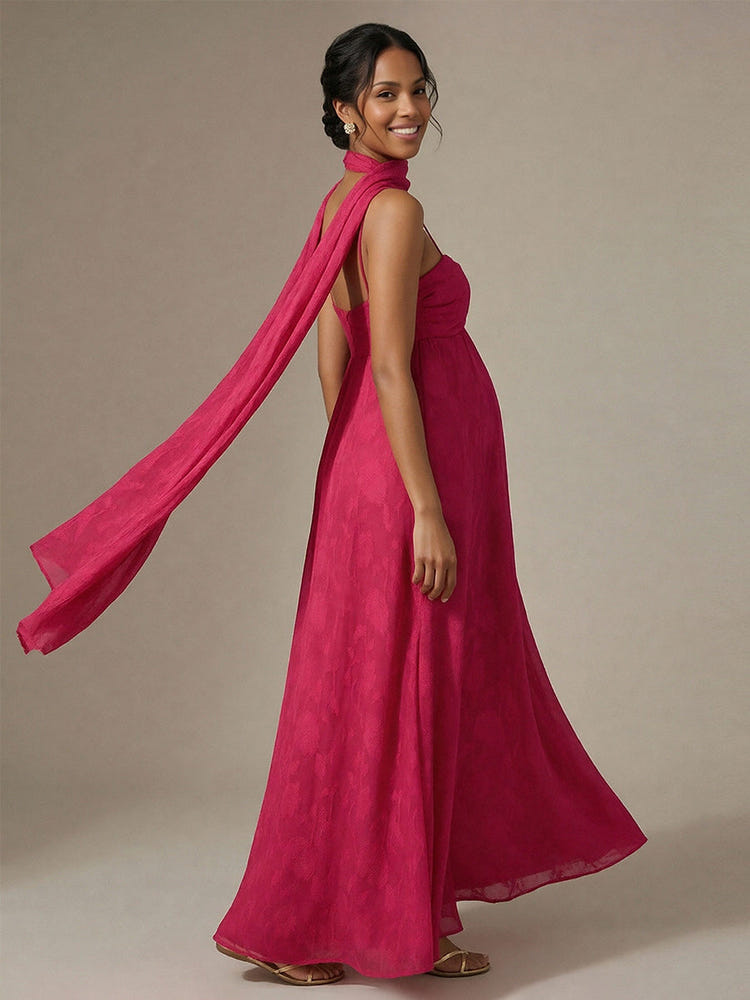 Jacquard A Line Spaghetti Straps Square Neck Formal Dresses with Scarf