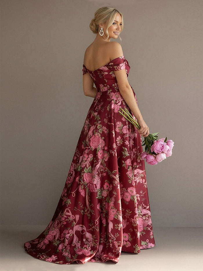 Off the Shoulder Floral Corset Pleated Formal Dresses
